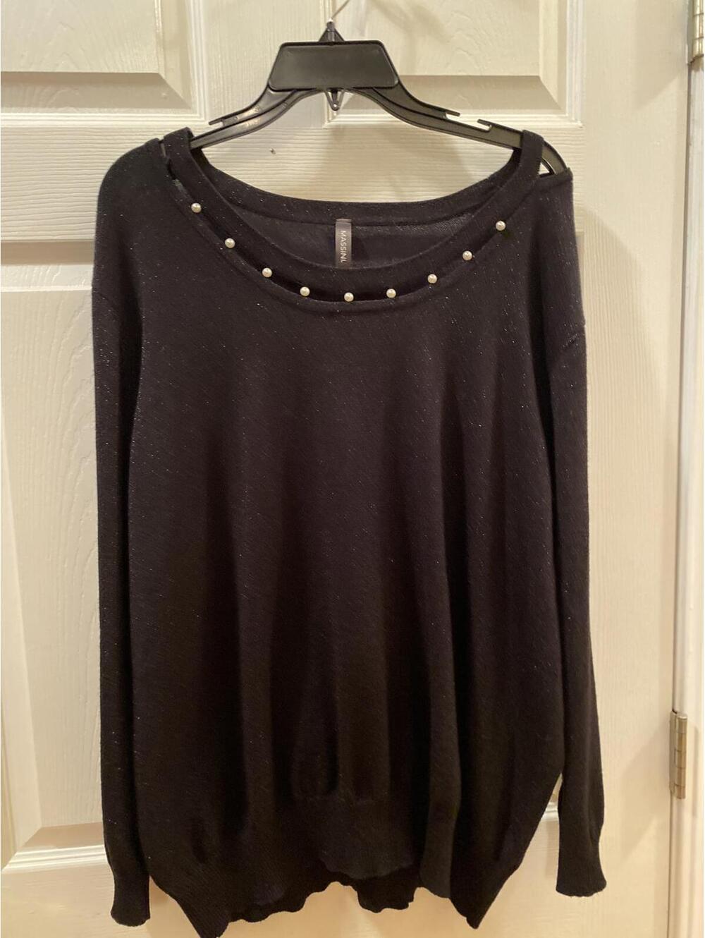 Massini Black Women's Sweater with Pearl Detail, Size 3X